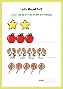 Counting worksheets for preschool with colorful objects to count and numbers to write
