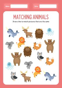 Printable animal matching worksheet for preschool showing cute animals to match with their pairs or shadows