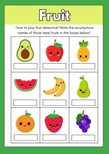Printable name the fruit worksheet for preschool showing colorful fruit pictures with blank lines to write fruit names