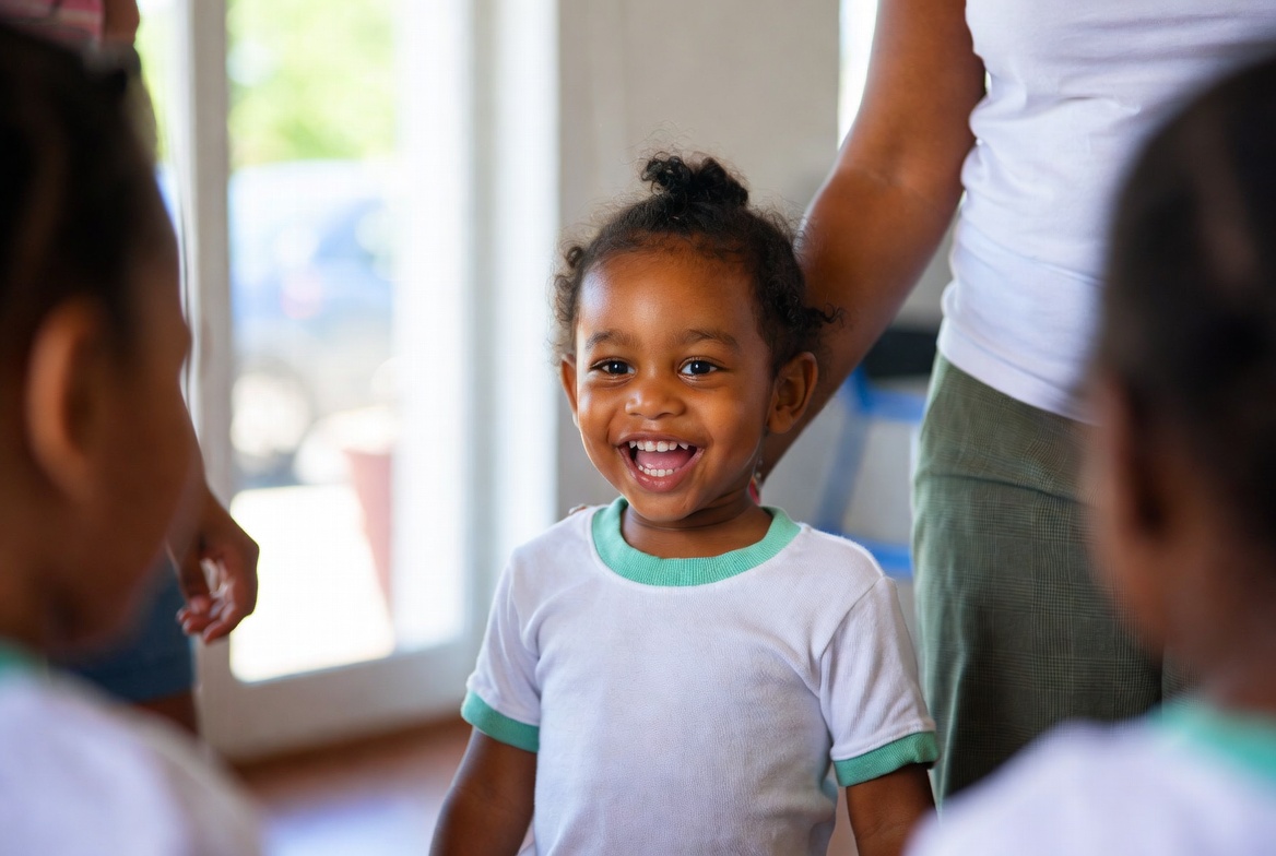 Shy child standing apart from group