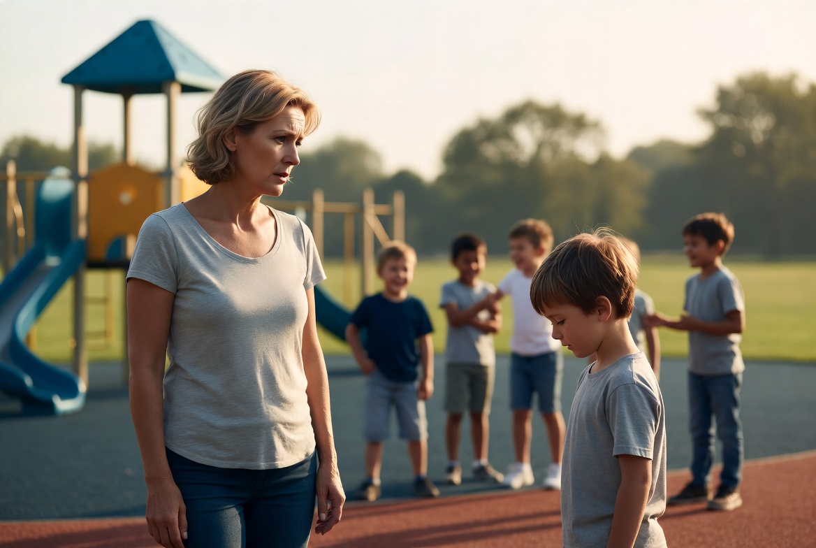 Worried mom with shy child at playground