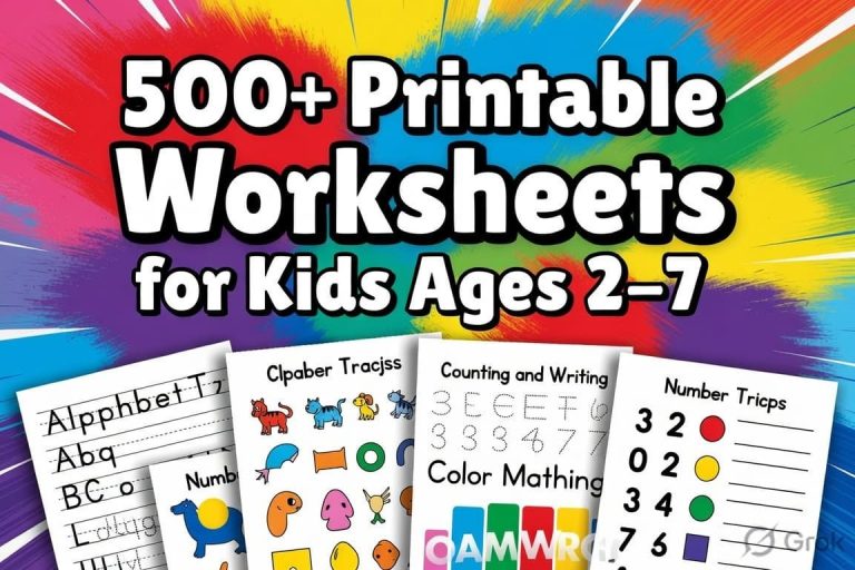 500+ printable worksheets for kids ages 2–7 including alphabet tracing, number counting, coloring pages and cut paste activities
