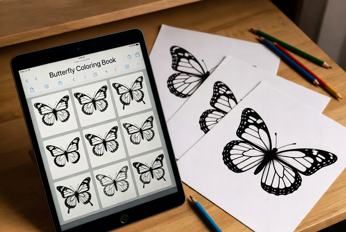 Butterfly Coloring Book PDF mockup on tablet and printed pages