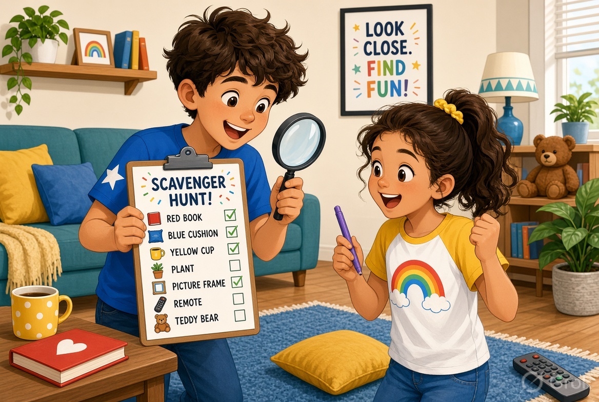 Kids doing indoor scavenger hunt with checklist