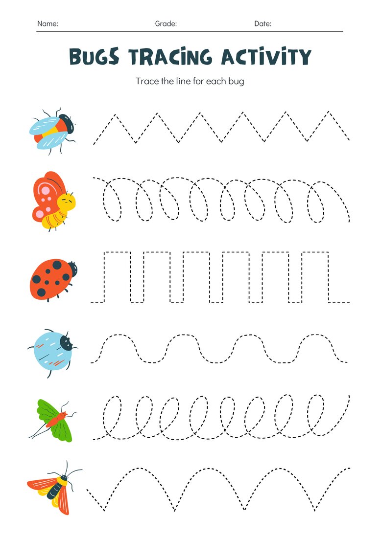 Bugs tracing activity line practice printable for preschool