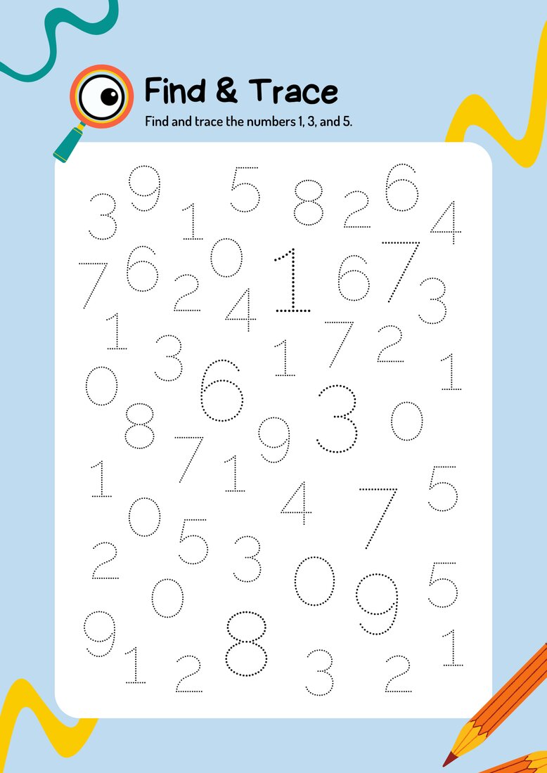 Find and trace numbers 1 3 5 printable preschool worksheet