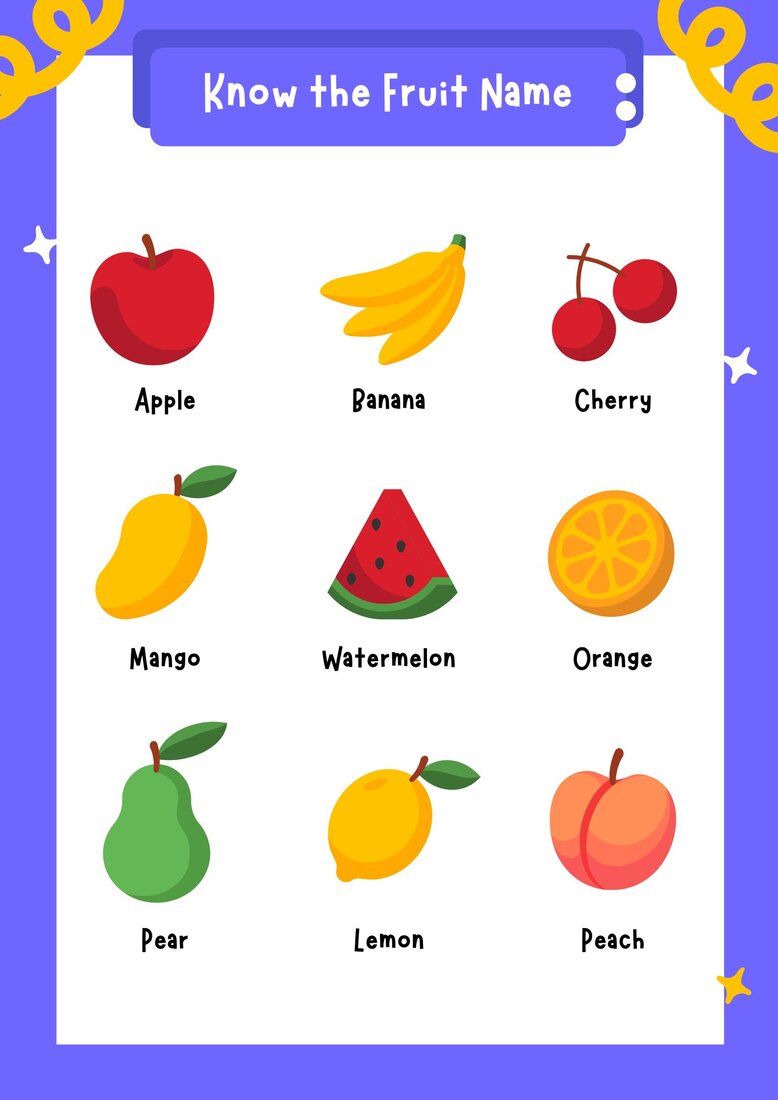 Know the fruit name poster apple banana cherry printable