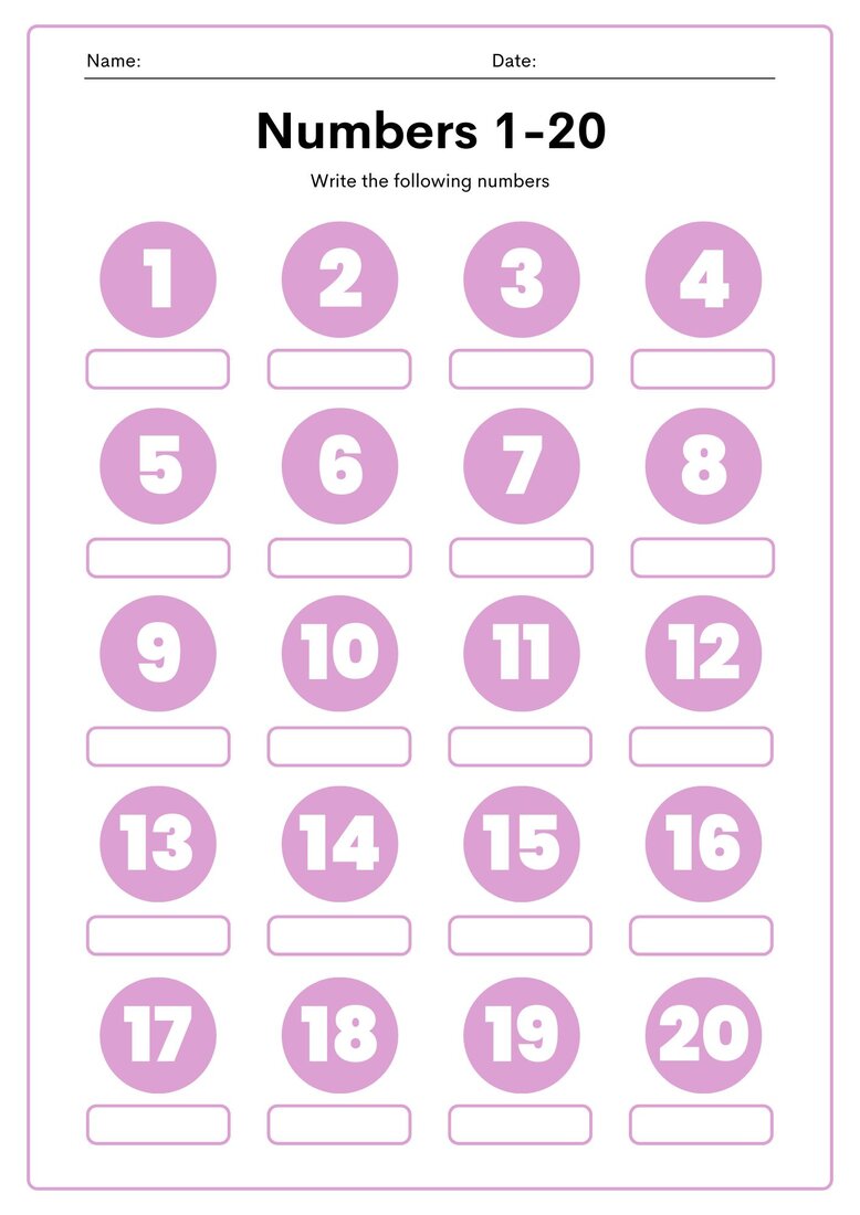Numbers 1-20 write the numbers printable preschool worksheet