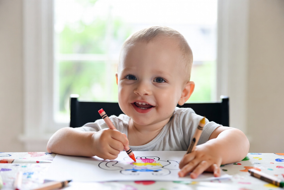 Happy toddler coloring animals from the Toddler Animal Coloring Book