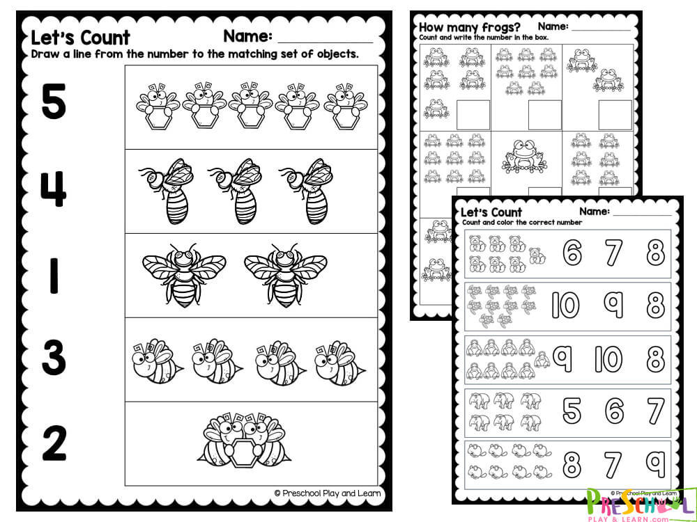 Counting worksheet printable preschool bees frogs number matching