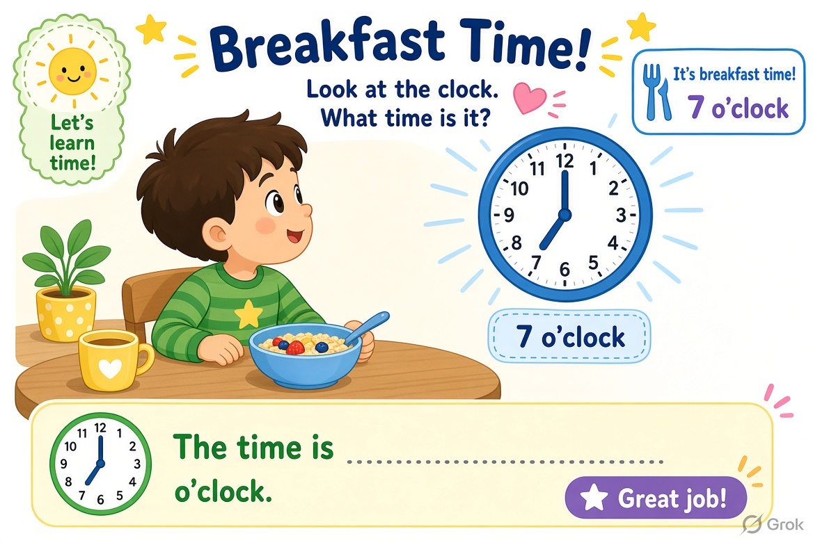Breakfast time 7 o'clock telling time workbook page for preschool and kindergarten