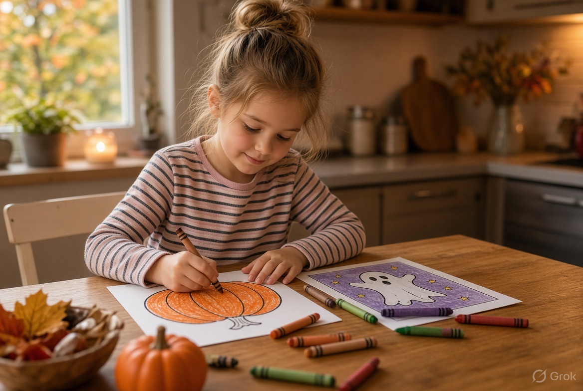 Child coloring cute Halloween pumpkin and ghost pages at home in the United States
