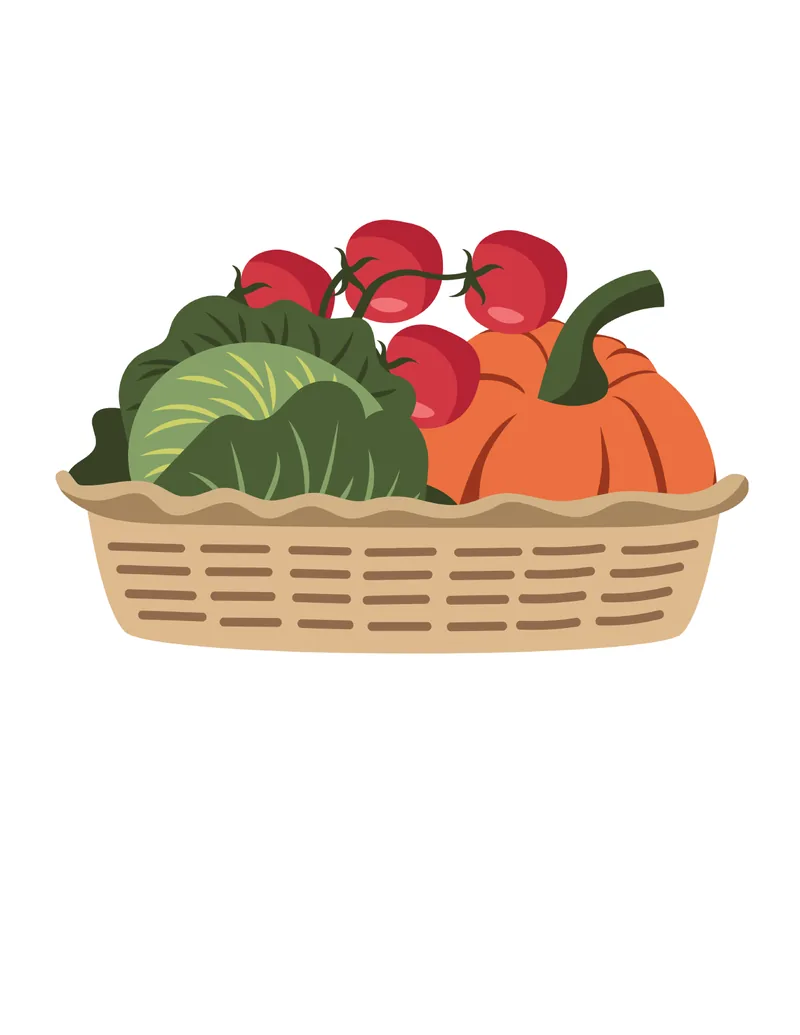 Free vegetable coloring pages bonus: full-color basket of cabbage, pumpkin and tomatoes