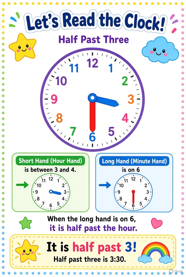 Half past three 3:30 analog clock worksheet for kids learning telling time