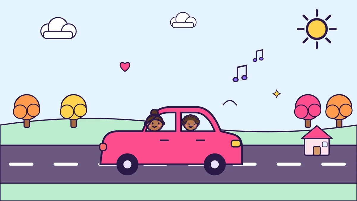 Cartoon illustration of a pink family car driving along a road past autumn trees, with a parent and a happy toddler inside and music notes floating out
