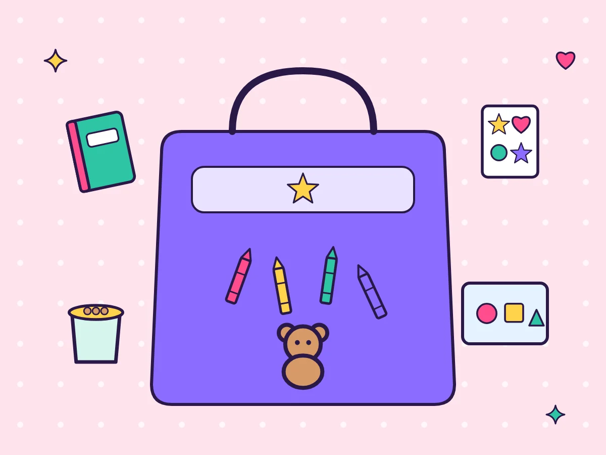Illustration of a lavender travel tote surrounded by toddler road trip items: a board book, sticker sheet, snack cup, felt board, chunky crayons and a teddy bear