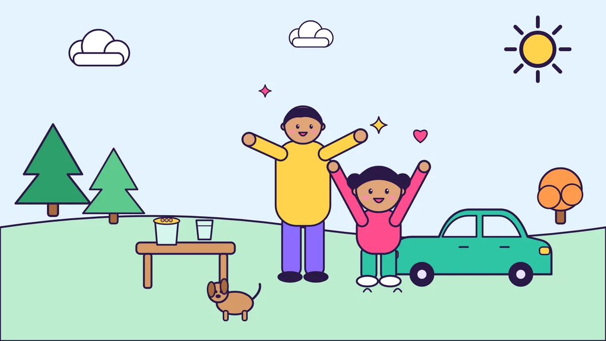 Illustration of a parent and toddler jumping with arms up on the grass at a rest stop, with a picnic table, snacks, a small dog and a parked mint-green car