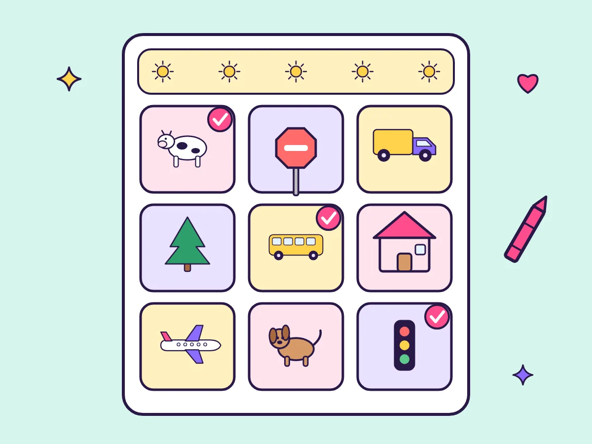 Illustration of a toddler road trip bingo card with pictures of a cow, stop sign, truck, tree, bus, house, airplane, dog and traffic light, with three squares checked