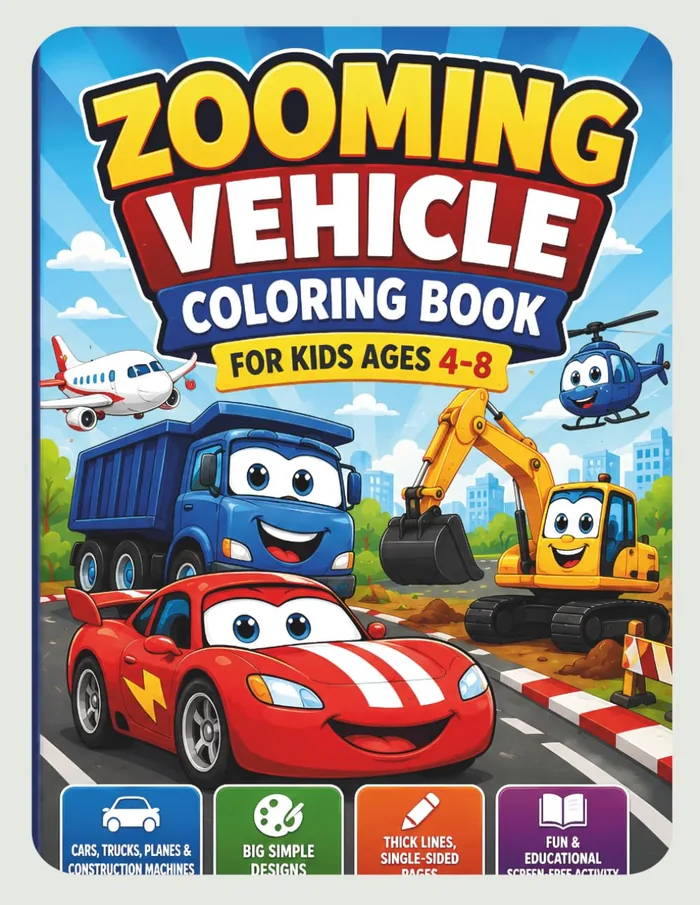 Front cover of the Zooming Vehicle Coloring Book for Kids Ages 4-8 by Mr. A G, showing a cartoon dump truck, red race car, excavator, plane and helicopter