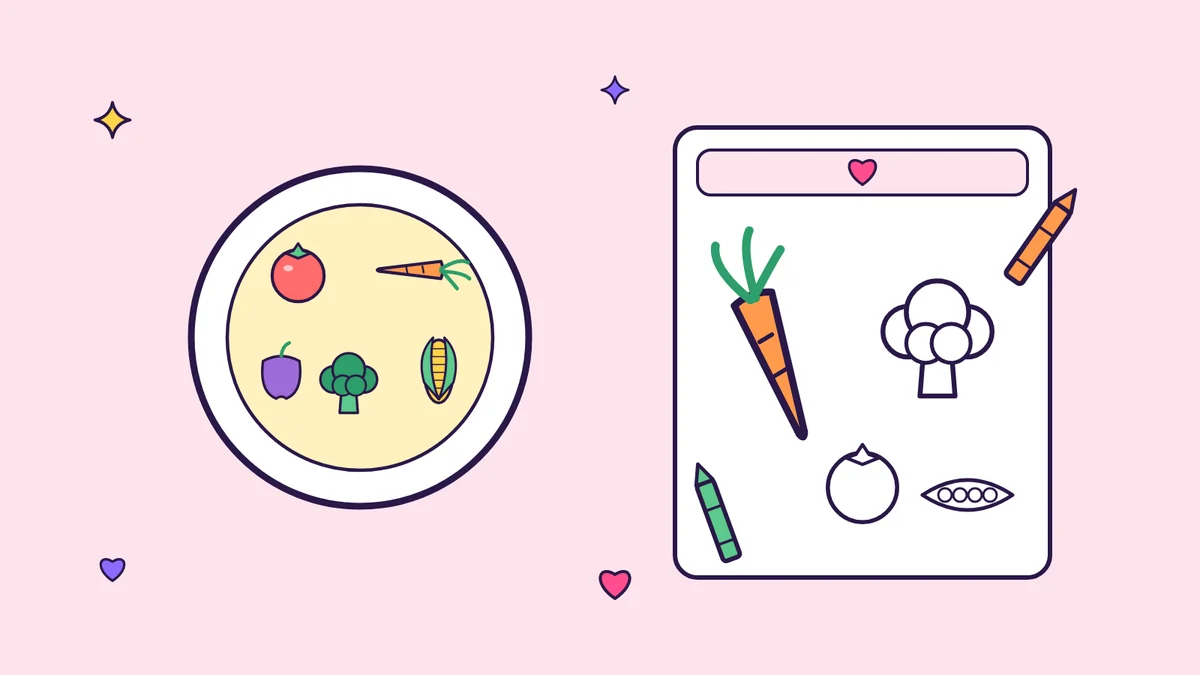 Illustration of a plate with a rainbow of vegetables next to a coloring page with a half-colored carrot, outlined broccoli, tomato and peas, and crayons