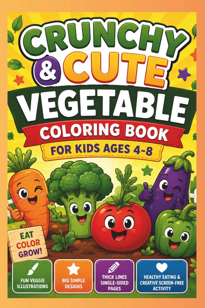 Front cover of the Crunchy and Cute Vegetable Coloring Book for Kids Ages 4-8 by Mr. A G, with smiling cartoon carrot, broccoli, tomato, eggplant and pepper