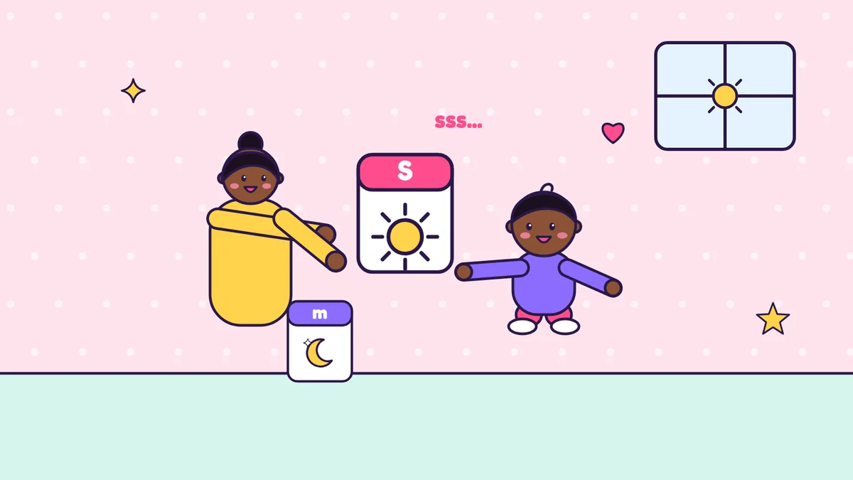 Cartoon grown-up holding up a letter S card with a sun picture while saying sss to a smiling preschooler, with a small letter m card showing a moon