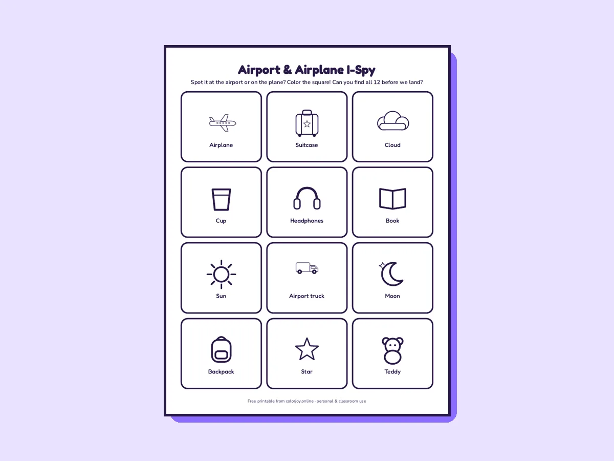 Preview of the free printable Airport and Airplane I-Spy page with 12 squares to color