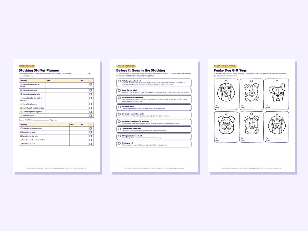 Preview of the free stocking stuffer printable: a planner, a toddler safety checklist and color-your-own dog gift tags