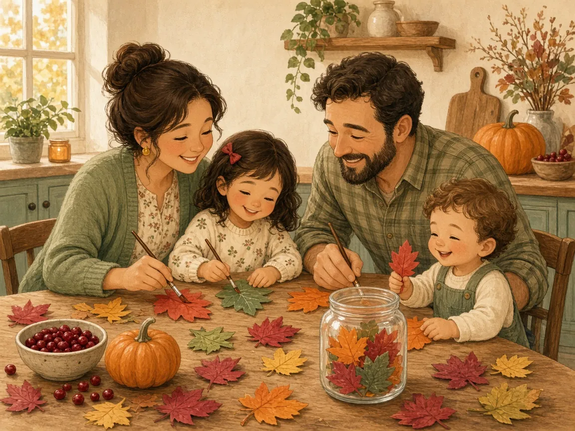 Cartoon illustration of a mom, dad, preschool girl and toddler at a Thanksgiving table painting paper autumn leaves and filling a glass gratitude jar