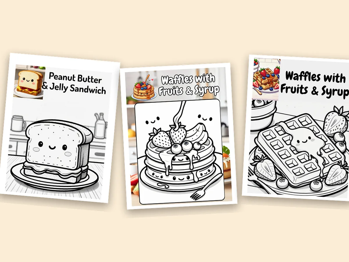 Inside pages of the Delicious Food Coloring Book by Mr A G: a smiling peanut butter and jelly sandwich, a stack of pancakes with fruit and syrup, and a waffle with strawberries