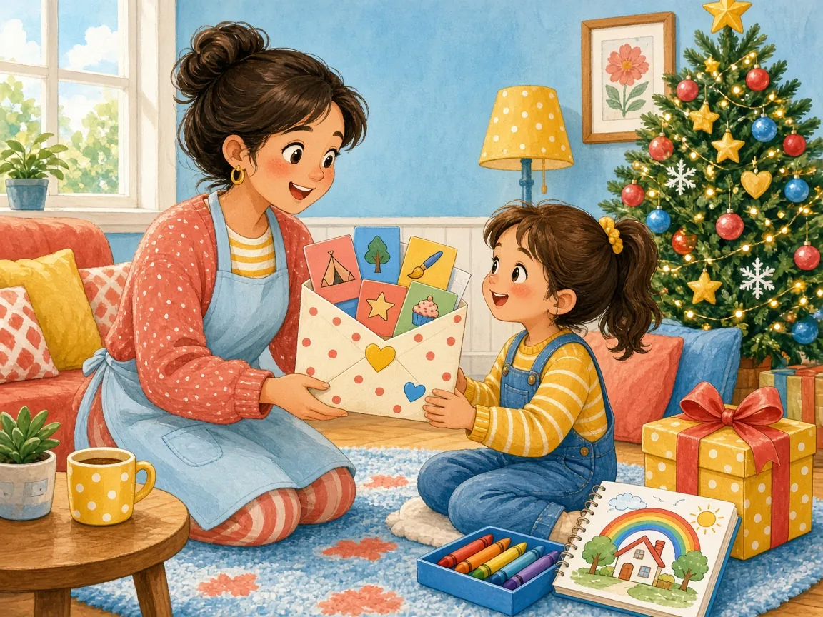 Cartoon illustration of a mom handing a preschool girl an envelope of experience gift coupons beside a decorated holiday tree, with a gift box, crayons and a coloring book