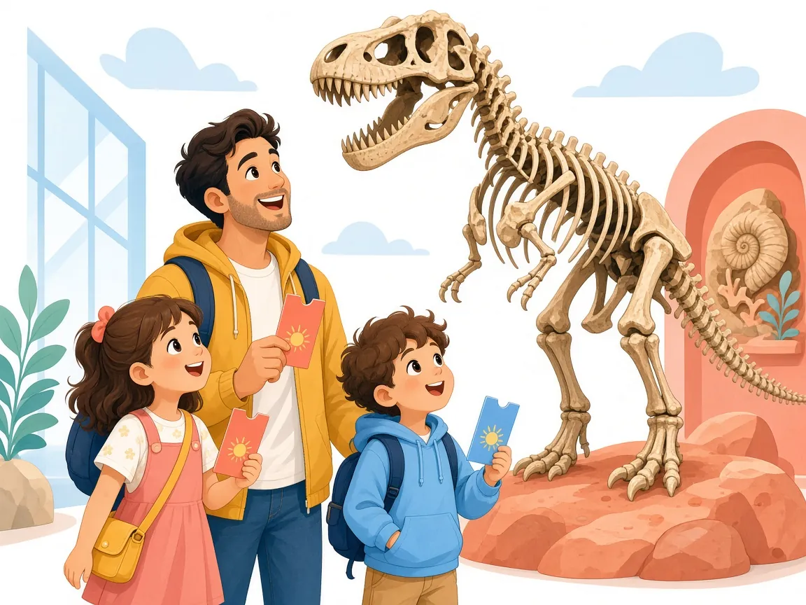 Cartoon illustration of a dad and two kids holding museum tickets and looking up in awe at a dinosaur skeleton