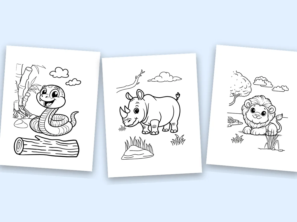 Three real pages from the Cute Wild Animals Coloring Book by Mr A G: a smiling snake, a rhino and a lion