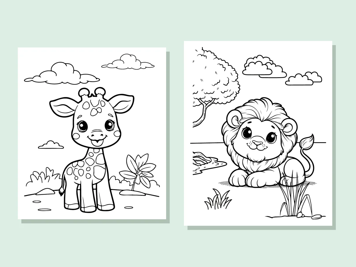 Two sample pages from the Cute Wild Animals Coloring Book: a smiling baby giraffe and a friendly lion, with thick, simple lines