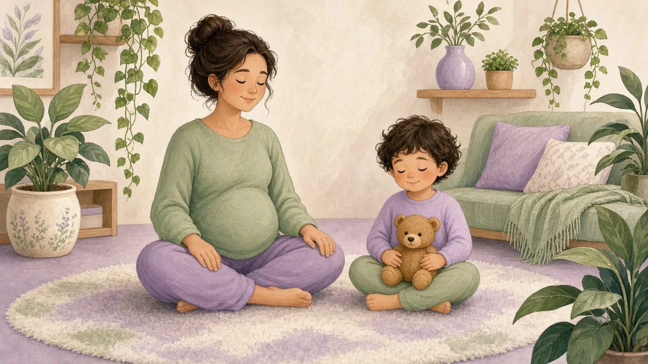Cartoon illustration of a mom and young child sitting cross-legged on a soft rug with eyes closed, practicing belly breathing with a teddy bear
