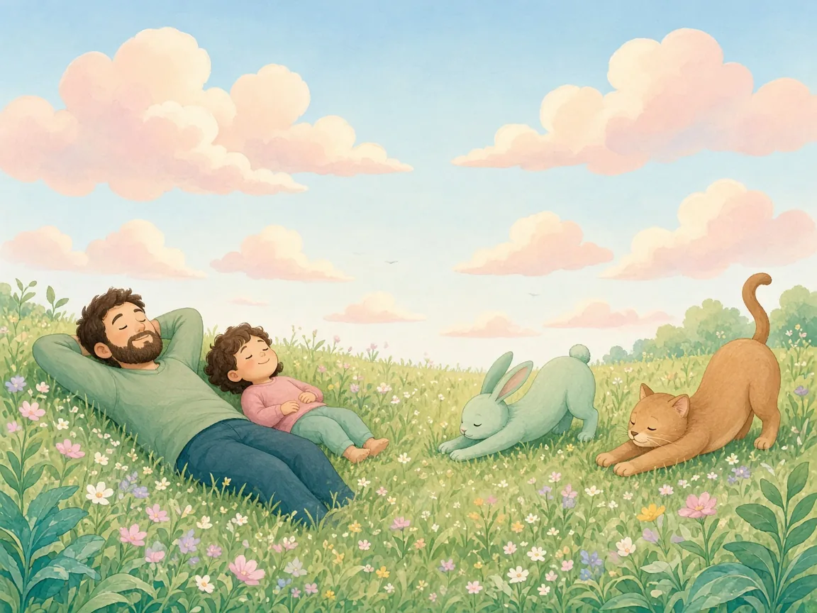 A dad and his child lying on their backs in a flower-filled meadow under pink clouds, while a bunny and a kitten stretch in the grass beside them, cartoon illustration