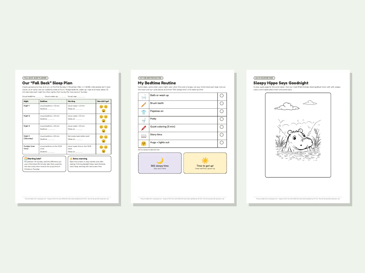Preview of the free fall-back sleep printable: a 5-night sleep shift planner, a picture bedtime routine chart with moon and sun cards, and a sleepy hippo coloring page