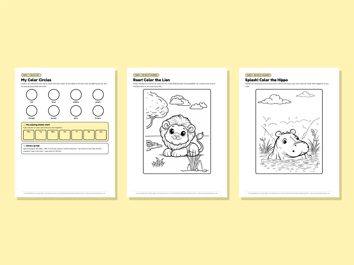 Preview of the free first coloring pack for 3-year-olds: a color circles hunt page with a sticker chart, a bold lion coloring page and a bold hippo coloring page
