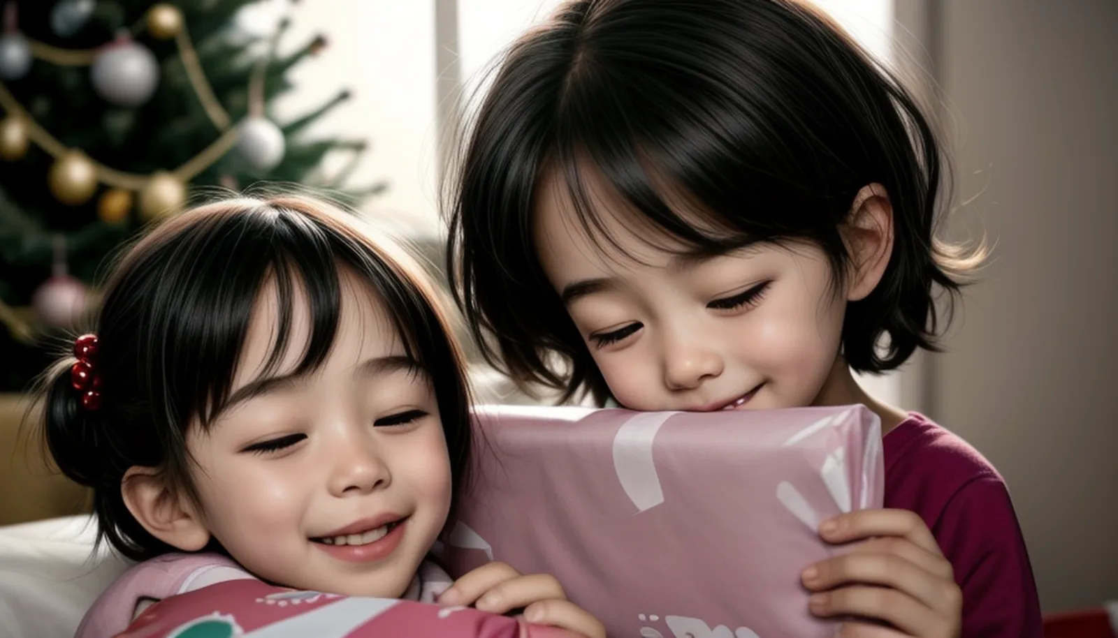 Cartoon illustration: two smiling children hugging a pink wrapped Christmas present by the tree