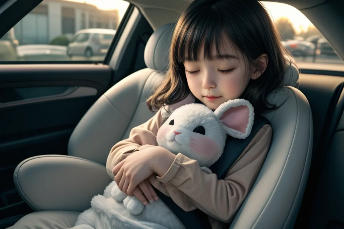 Cartoon illustration: a sleepy little girl hugging a white plush bunny in her car seat