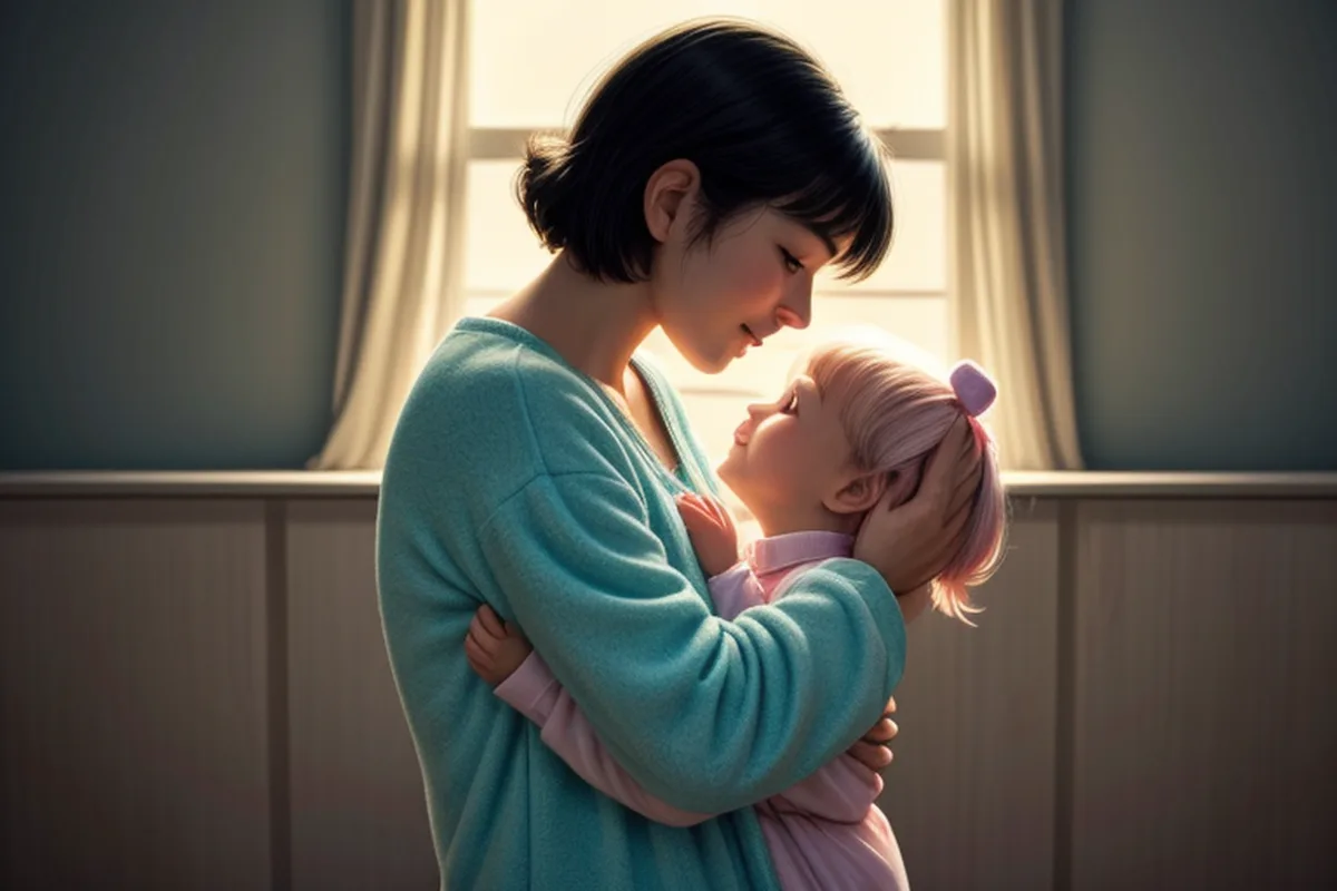 Cartoon illustration: a grown-up cuddling a sleepy toddler goodnight by a softly lit window