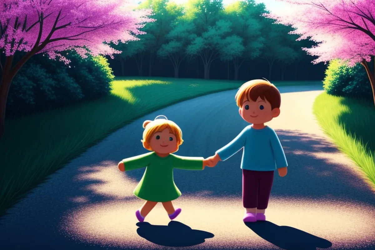 Cartoon illustration: two little children holding hands on a sunny morning walk along a park path