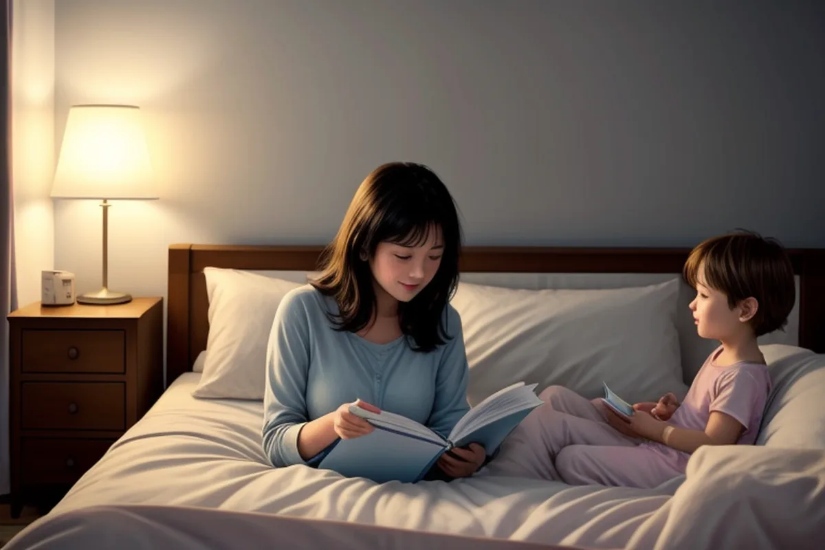 Cartoon illustration: a mother reading a bedtime story to her child in a big bed by a glowing lamp