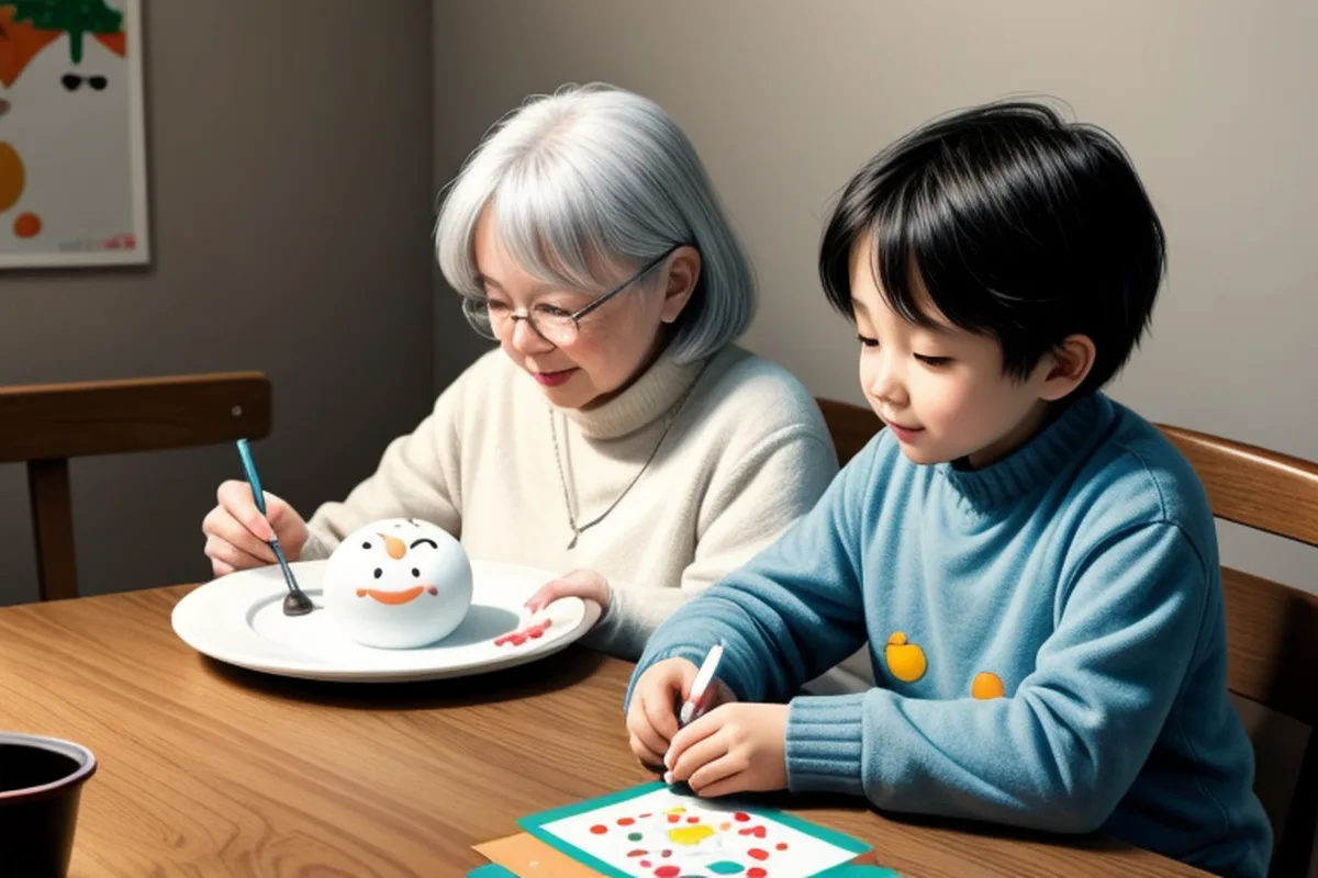 Cartoon illustration: a grandmother and a little boy coloring a snowman picture together at the kitchen table