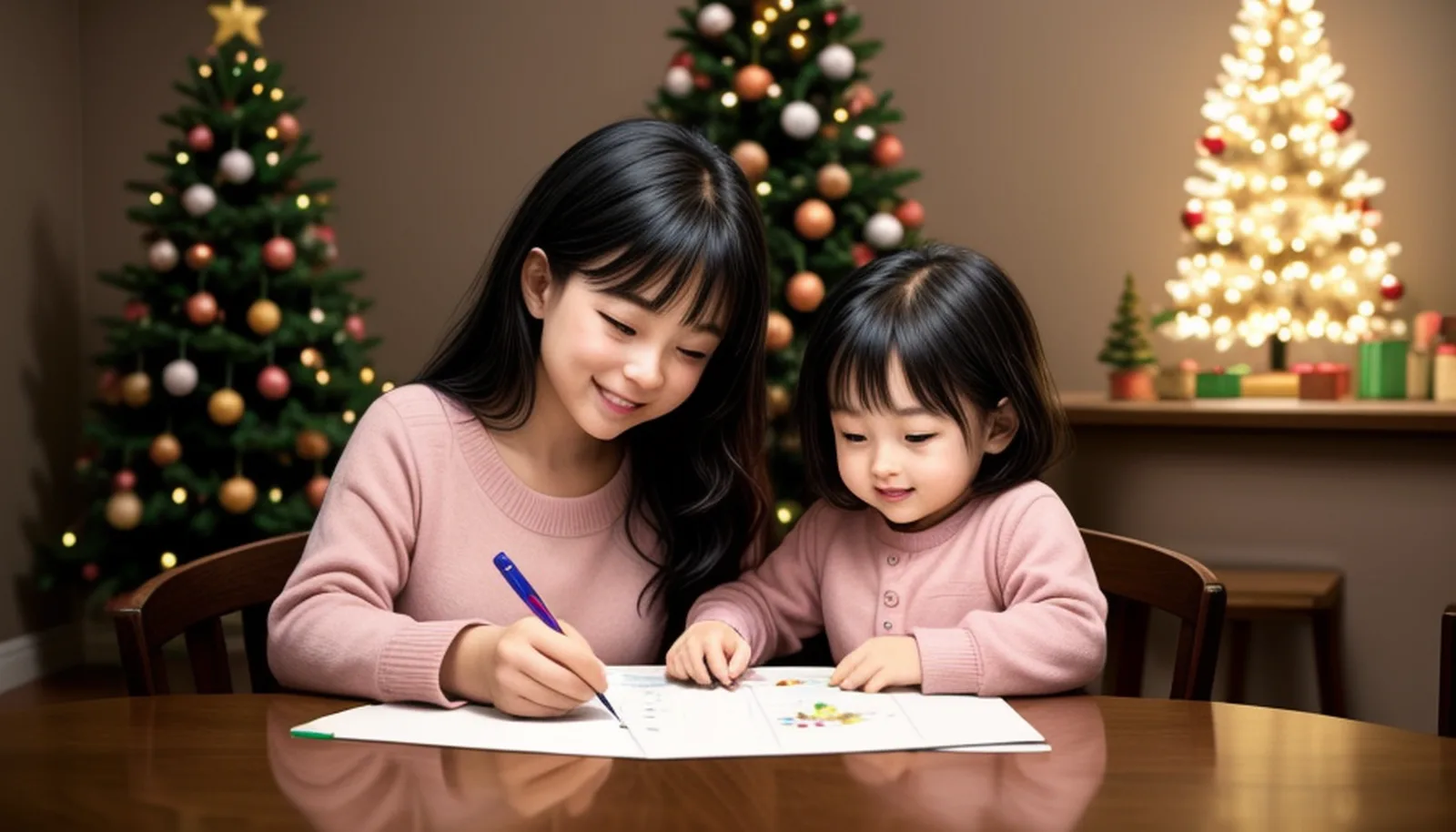 Cartoon illustration: a mother and her little daughter coloring Christmas pictures together at a table beside glowing Christmas trees