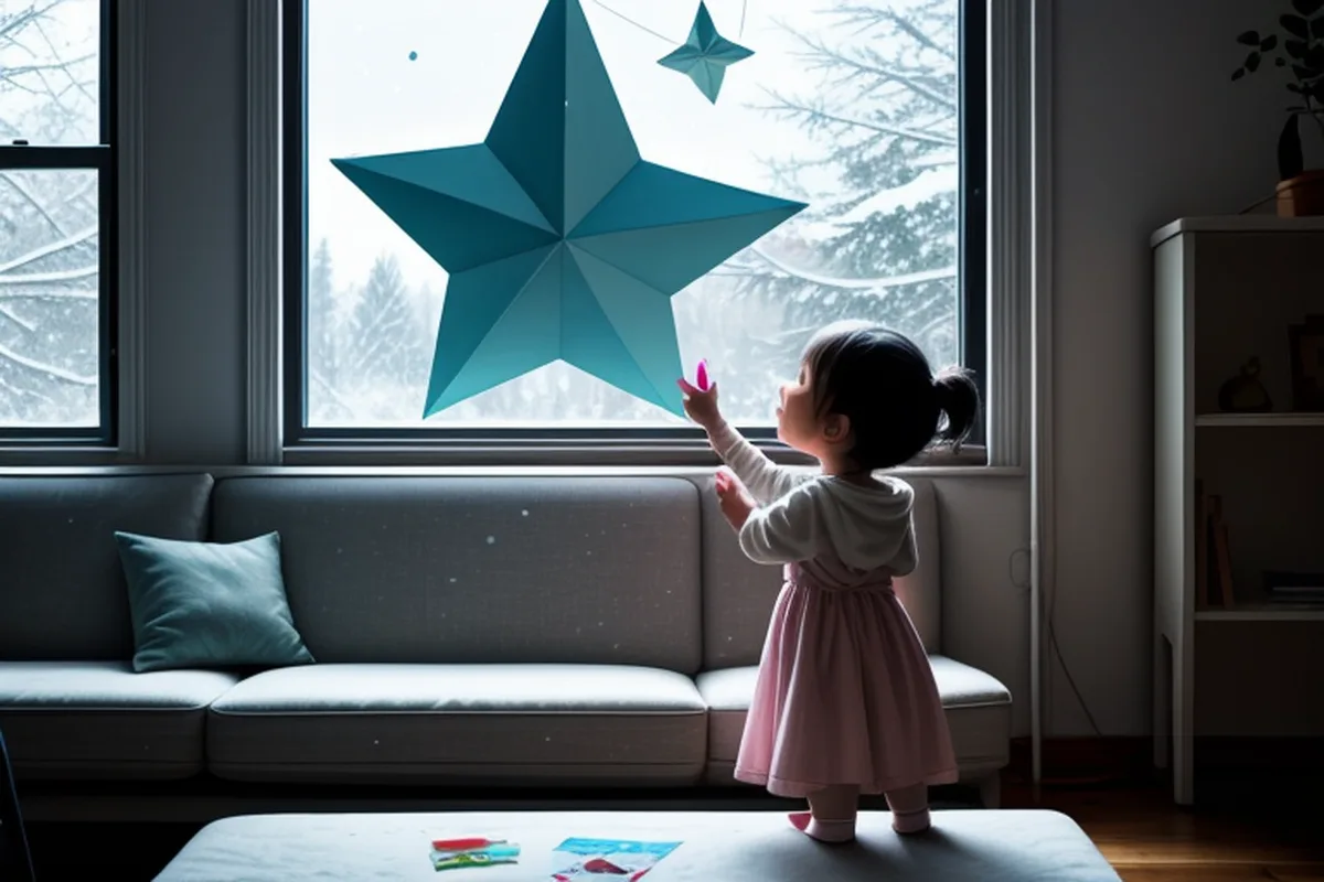 Cartoon illustration: a toddler reaching up to a big paper star hung in a snowy window