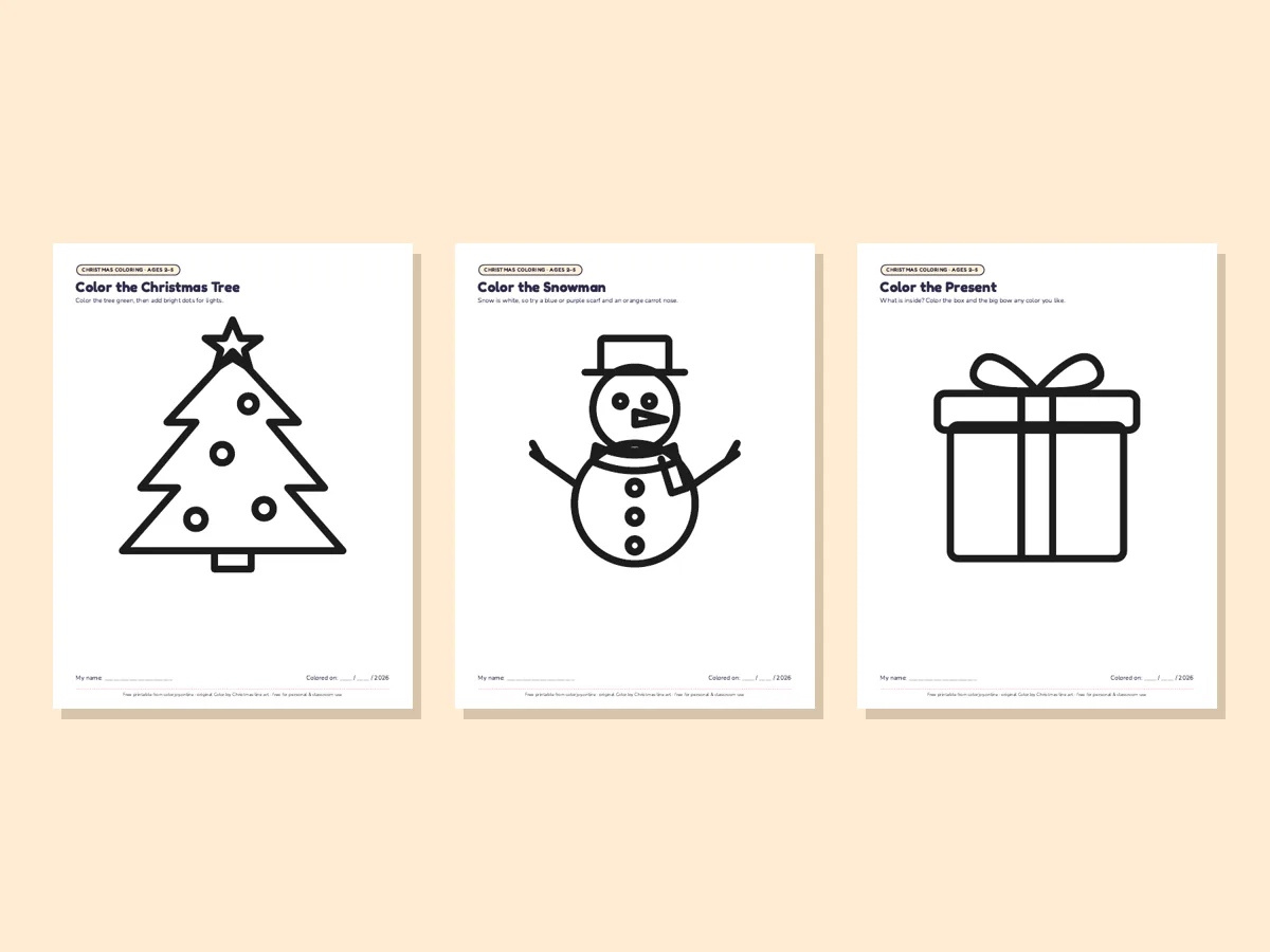 Preview of the free toddler Christmas coloring pages: a big Christmas tree, a snowman and a present with thick, bold outlines