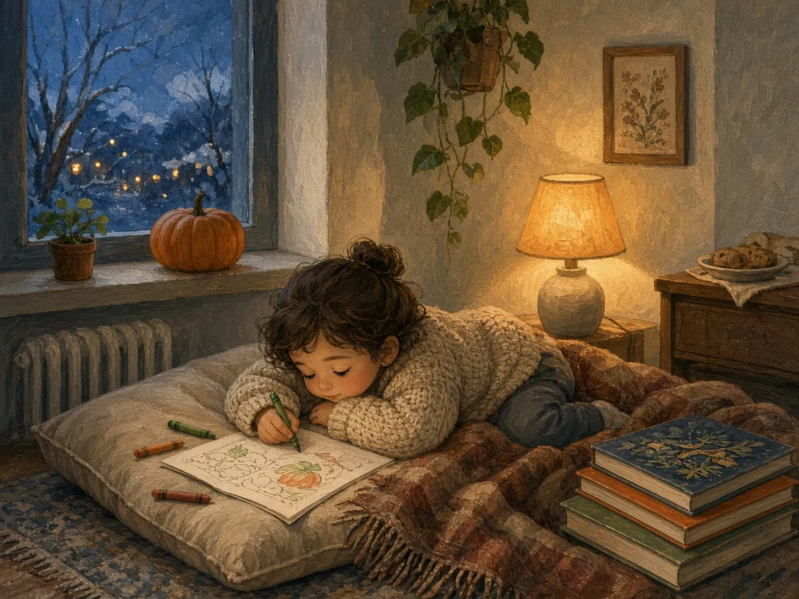 Cartoon illustration: A sleepy toddler in a knit sweater colors quietly on a floor cushion in a calm corner after Thanksgiving dinner