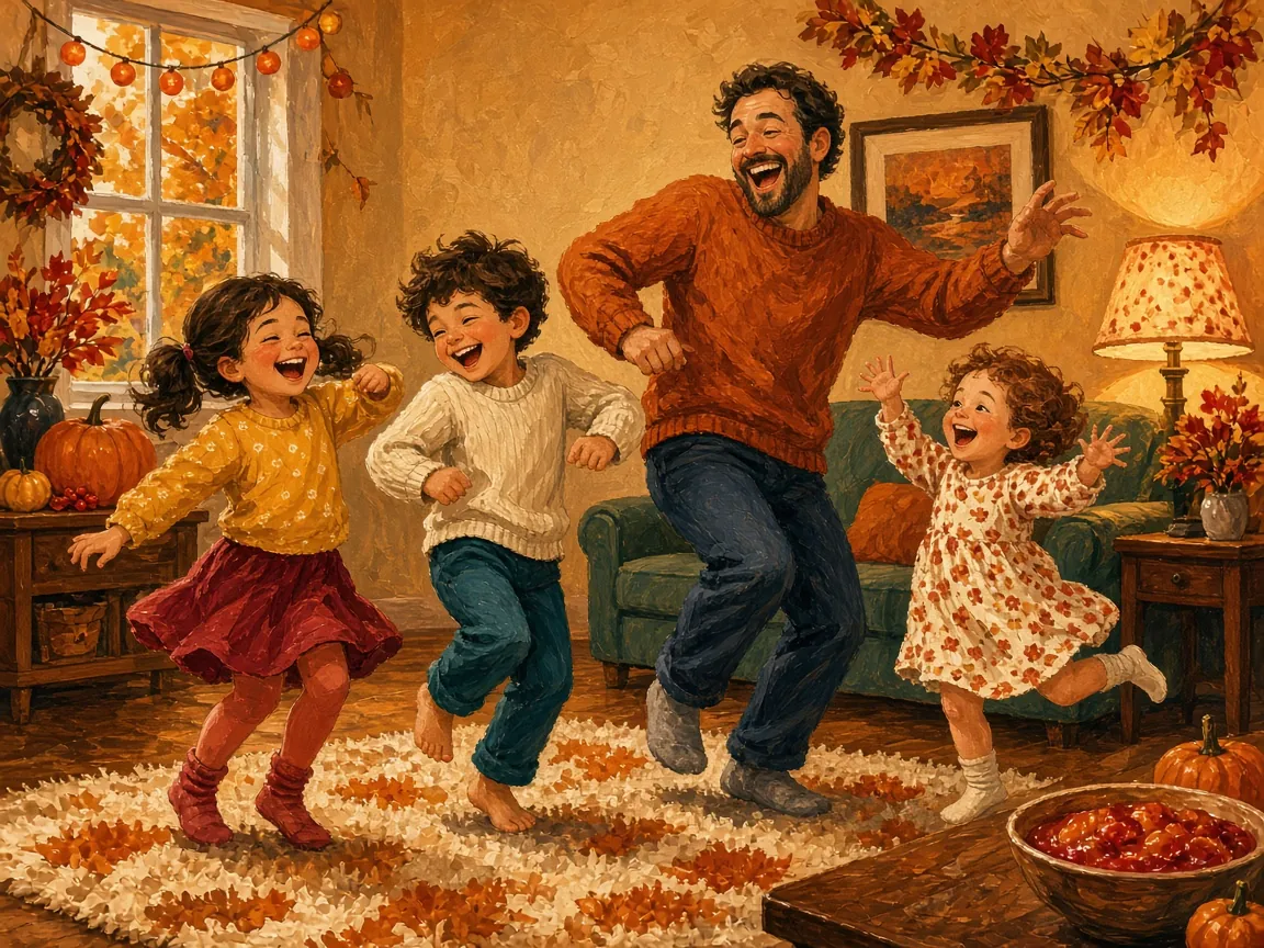 Cartoon illustration: a dad and three laughing kids doing a silly wiggle dance break in a living room decorated for Thanksgiving