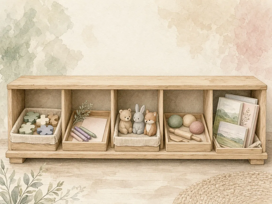 Cartoon illustration: quiet time boxes on a low wooden shelf holding crayons and paper, puzzles, animal figures and play dough